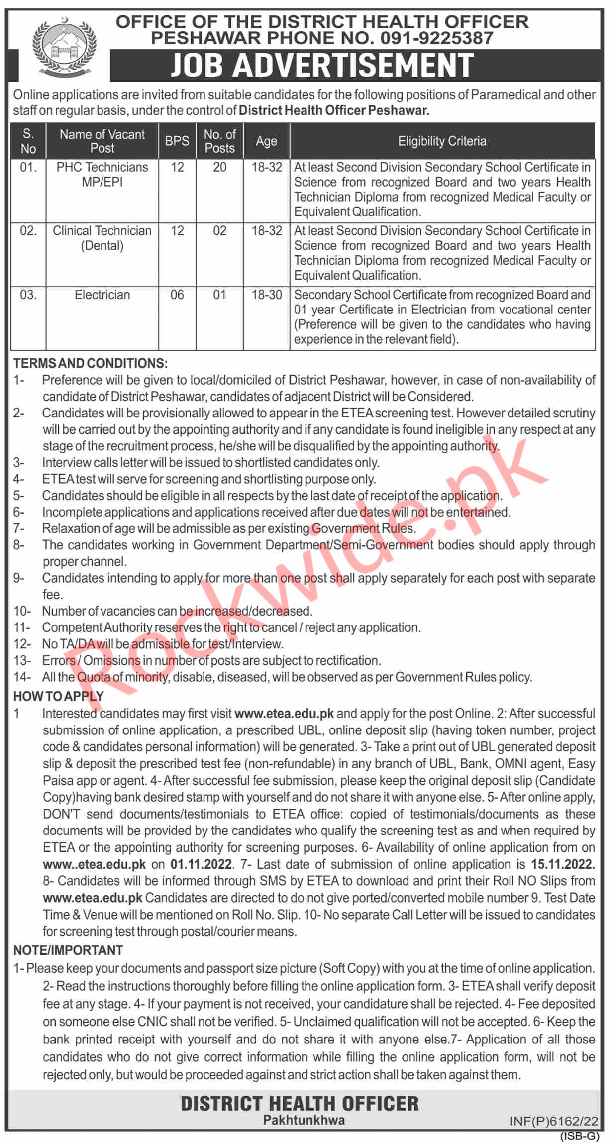 Office of District Health Officer Peshawar Jobs